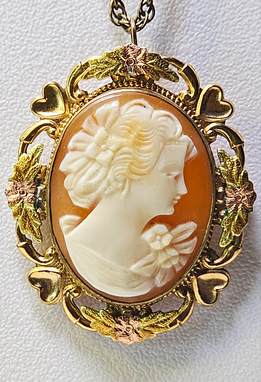 Vintage Tricolor Gold filled Oval Shell Cameo Pendant / Brooch W/ 18" Chain